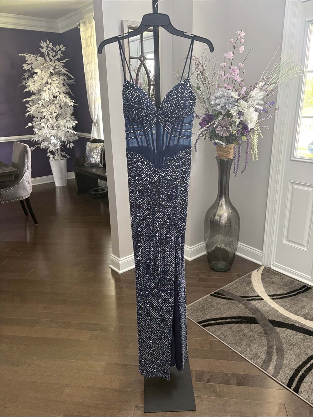 Elegant Navy Beaded Prom Dress with Sheer Accents